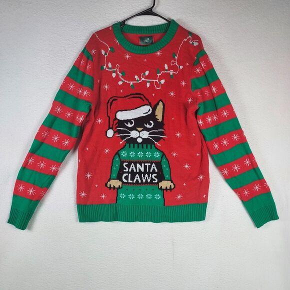 TStars Women’s Santa Claws Ugly Christmas Sweater Size Large Red Green Cat - Picture 1 of 9
